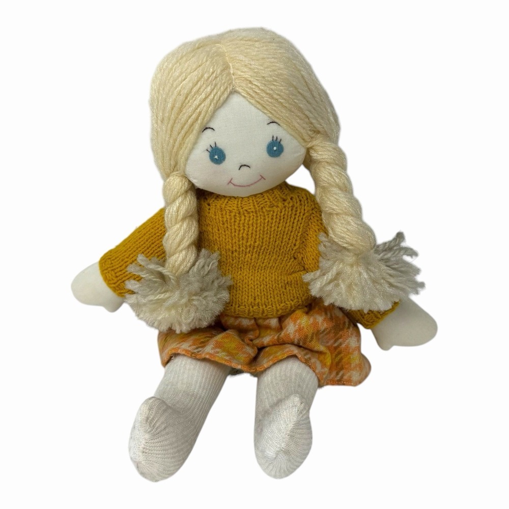 Handmade Rag Doll Blonde Braids Mustard Yellow Knit Sweater‎ Plaid Skirt 12 Inch